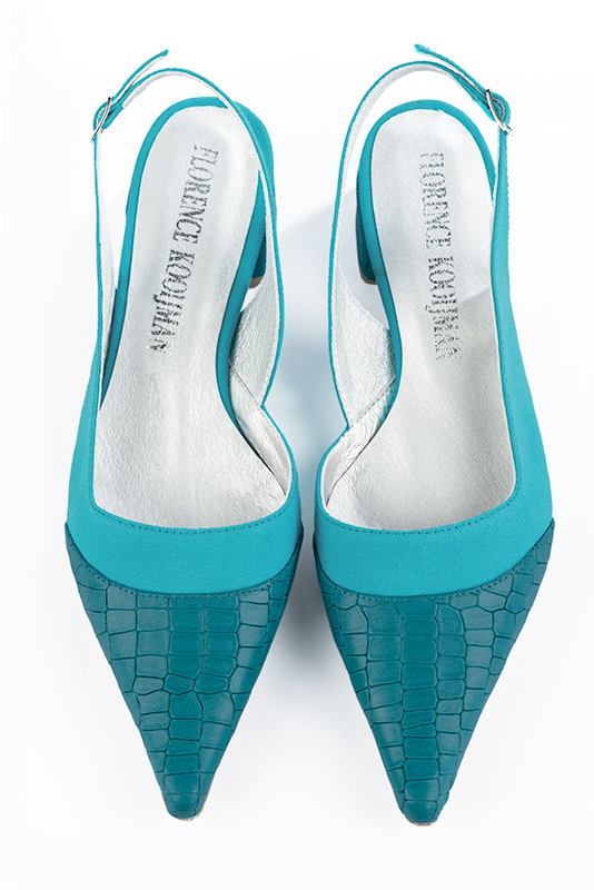 Electric blue women's slingback shoes. Pointed toe. Low flare heels. Top view - Florence KOOIJMAN